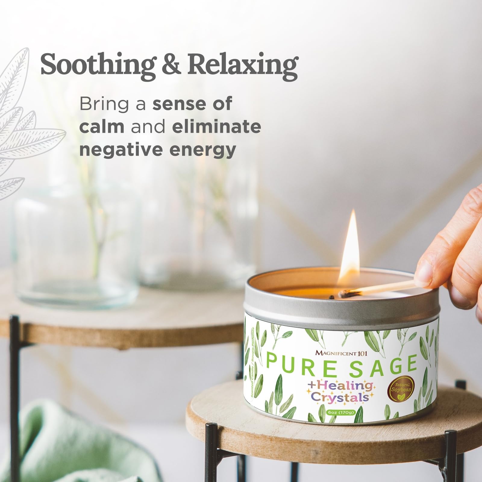 Sage-scented all-natural soy wax candle designed for energy cleansing