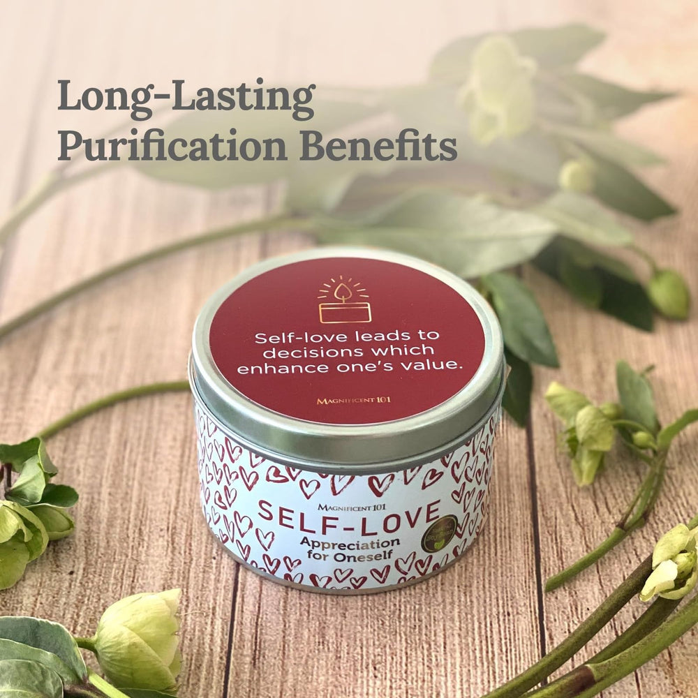 Close-up of Magnificent 101 candle with sage, rose, and lavender