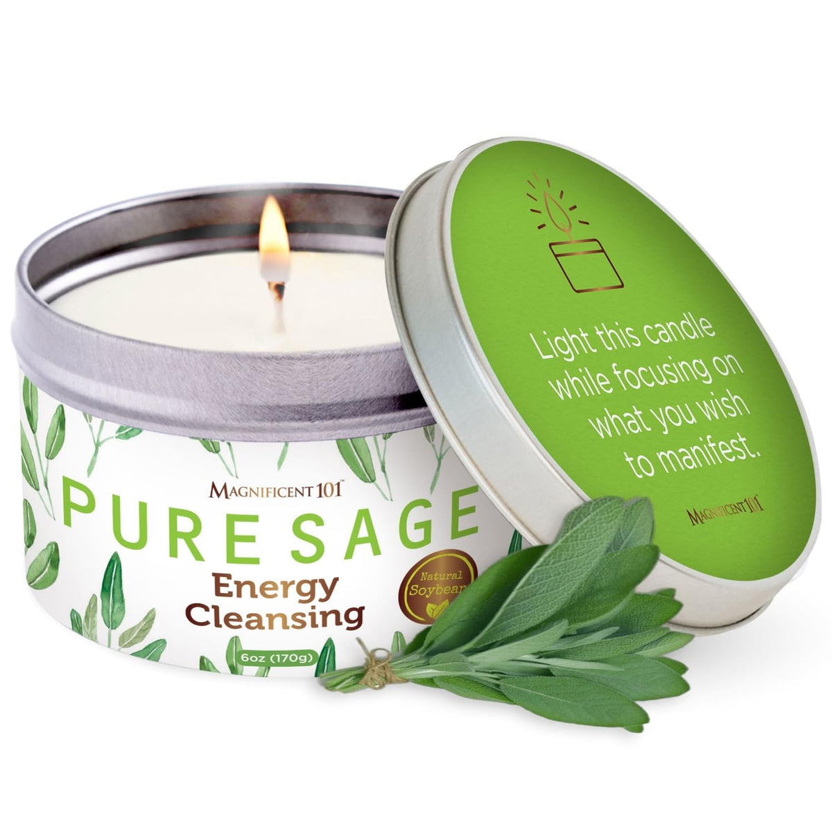 Magnificent 101 White Sage Candle 6 oz jar - front view