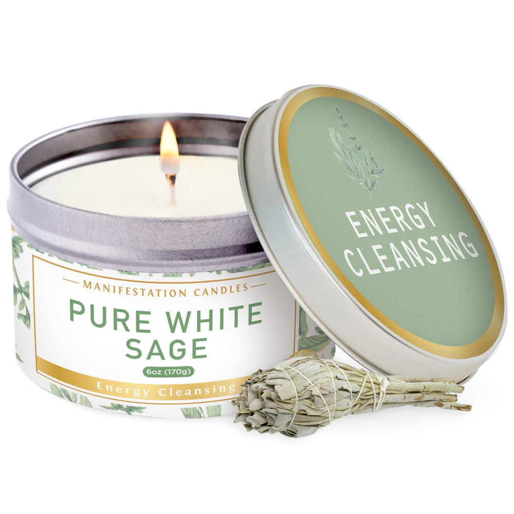 Close-up of Magnificent White Sage Candle in white, 6 oz pure soy wax