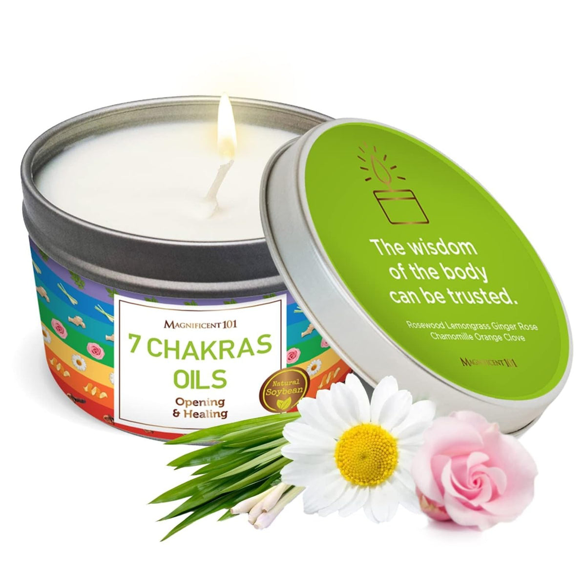 Main product image of Magnificent 101 7 Chakra Energy Cleansing Aromatherapy Tin Candle 6oz orange soy wax