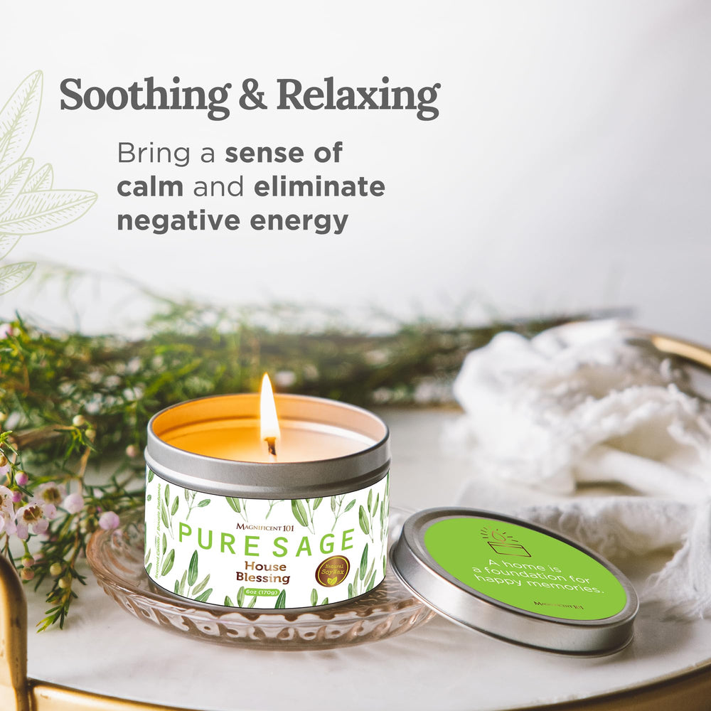 Sage candle burning and releasing earthy sage aroma
