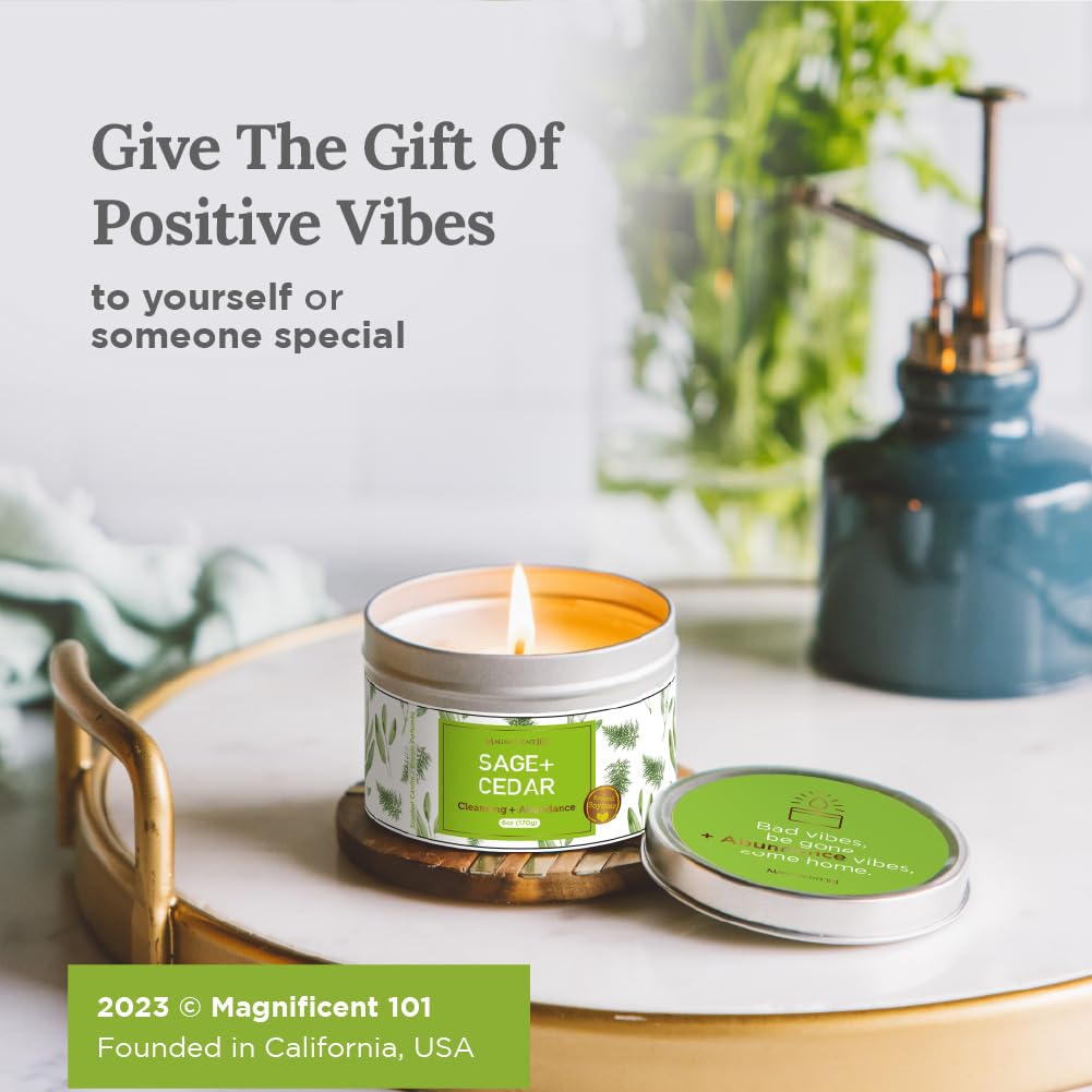 Gift-ready Magnificent 101 Sage + Cedar Candle packaging