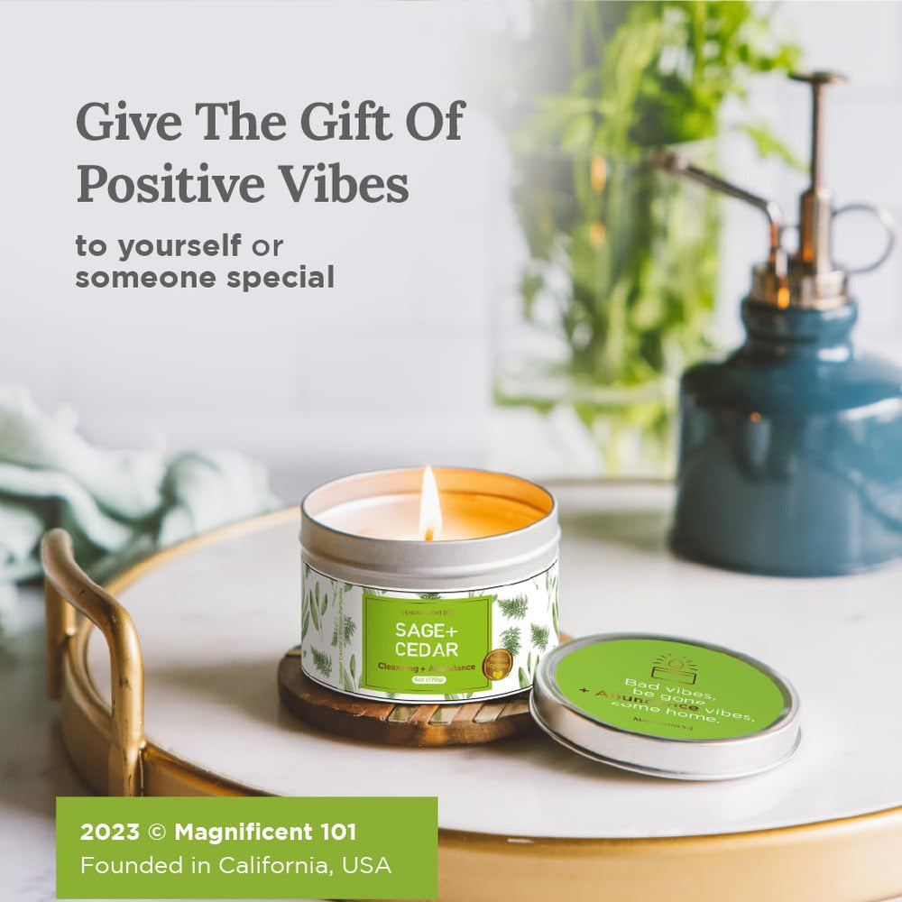 Gift-ready Magnificent 101 Sage + Cedar Candle packaging
