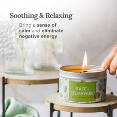 Unlit Magnificent 101 Sage & Cedarwood candle on a decorative tray