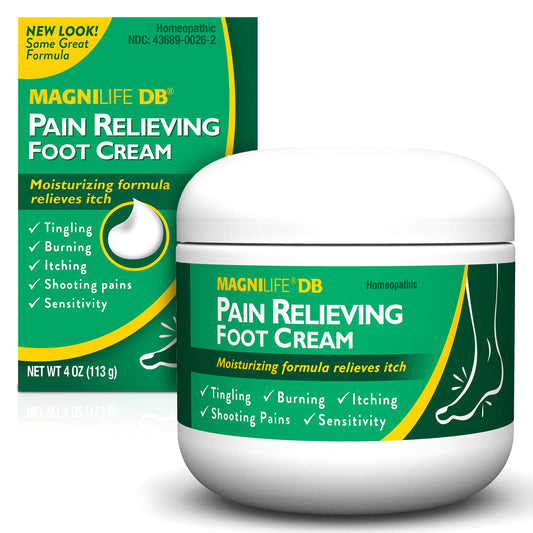 MagniLife DB Foot Cream jar closeup showing soothing non-greasy hydration for feet