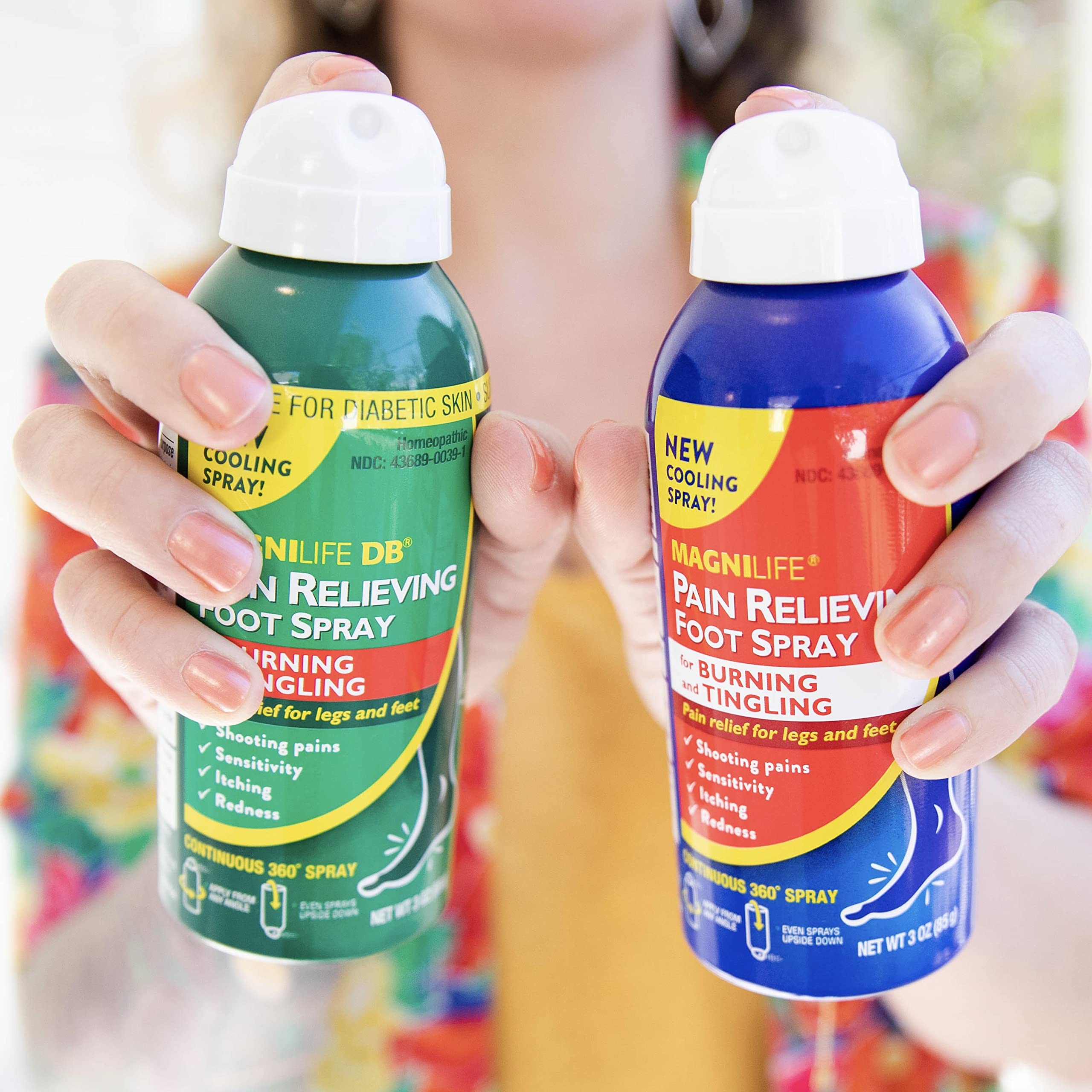 MagniLife Pain Relief Foot Spray ingredients highlight eucalyptus and beeswax for soothing hydration.