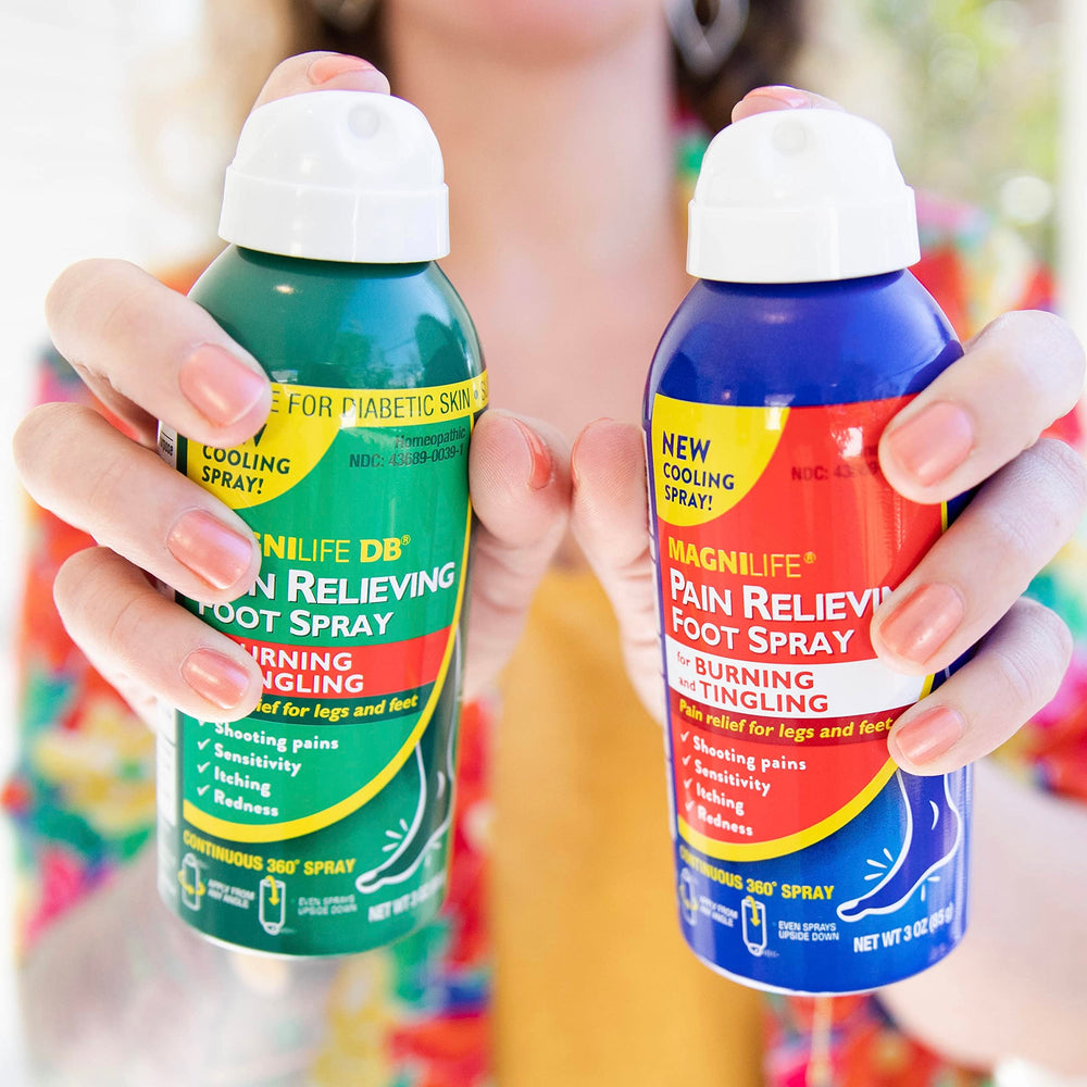MagniLife Pain Relief Foot Spray ingredients highlight eucalyptus and beeswax for soothing hydration.