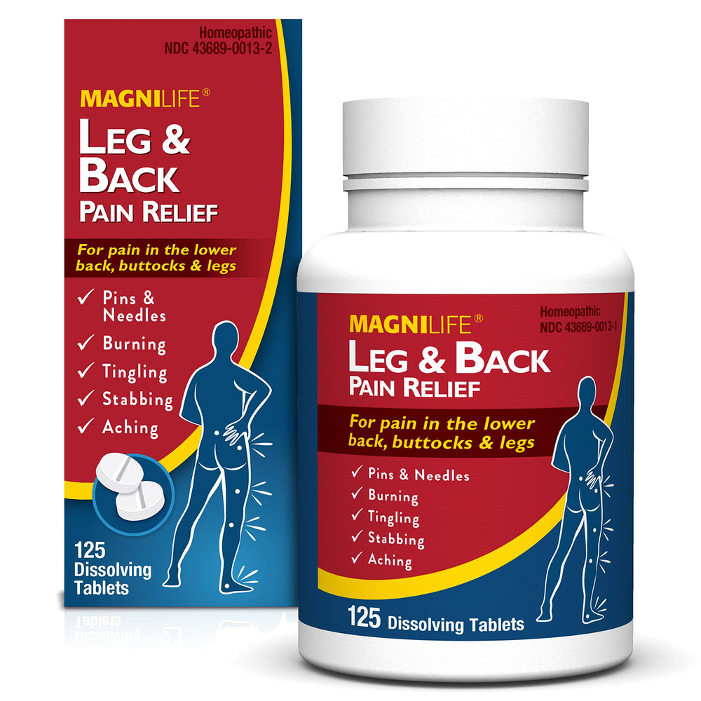 MagniLife leg-back relief bottle shown for convenient daily use.