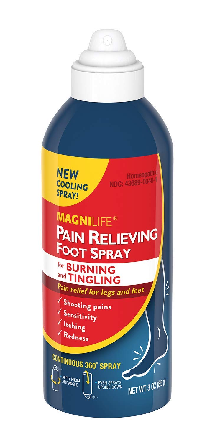 MagniLife Pain Relief Foot Spray bottle provides cooling relief for tired feet.