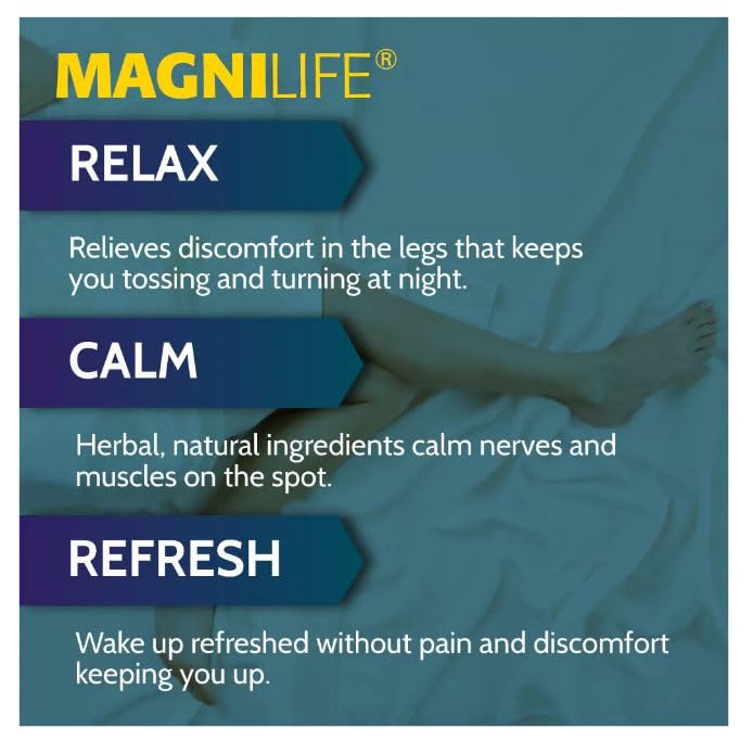 MagniLife lavender bottle highlights calming scent and magnesium for restful evenings.
