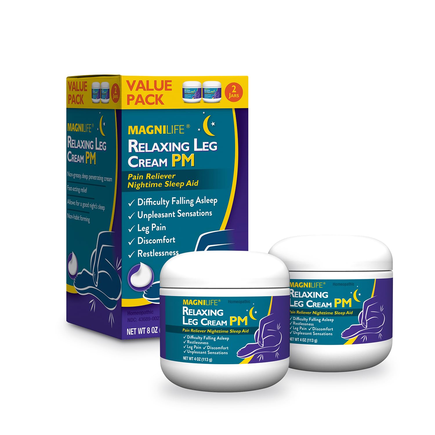 MagniLife Relaxing Leg Cream PM jar front with soothing night-time relief.