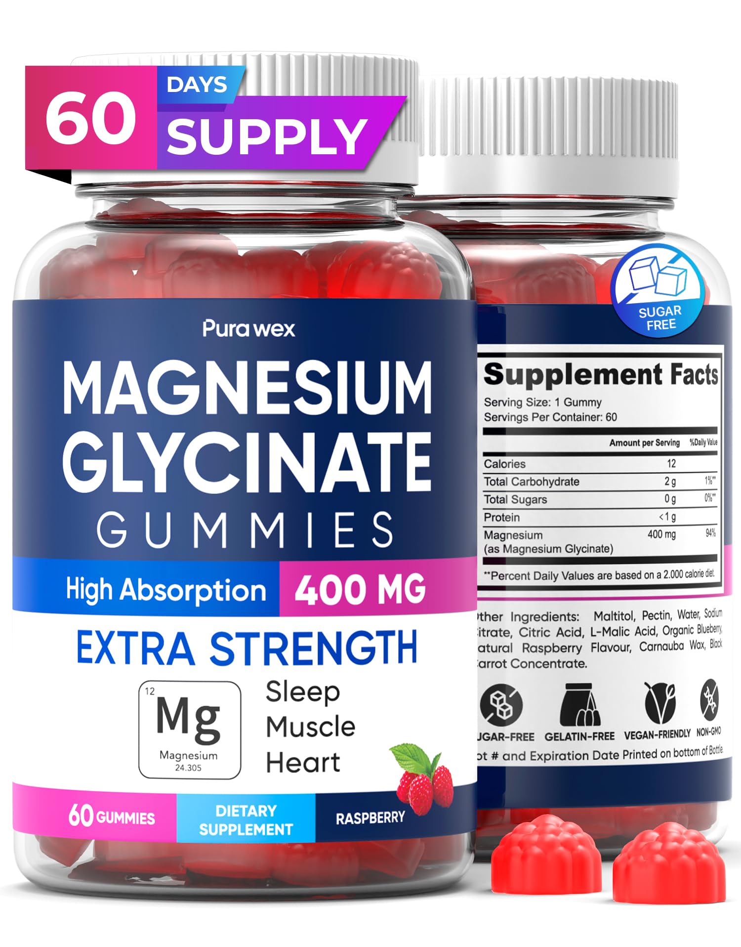 Raspberry Magnesium Glycinate Gummies 400mg box – 60-count