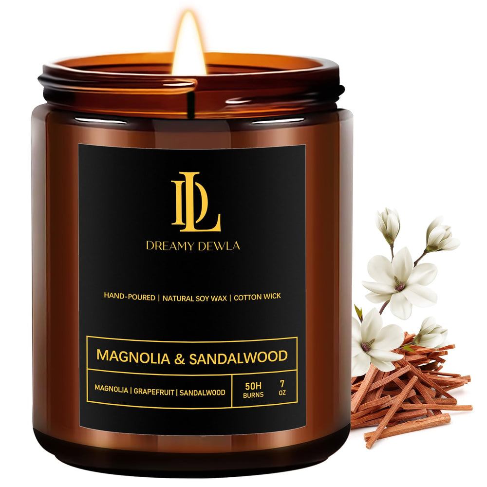 Magnolia & Sandalwood scented candle in 7oz jar - front view