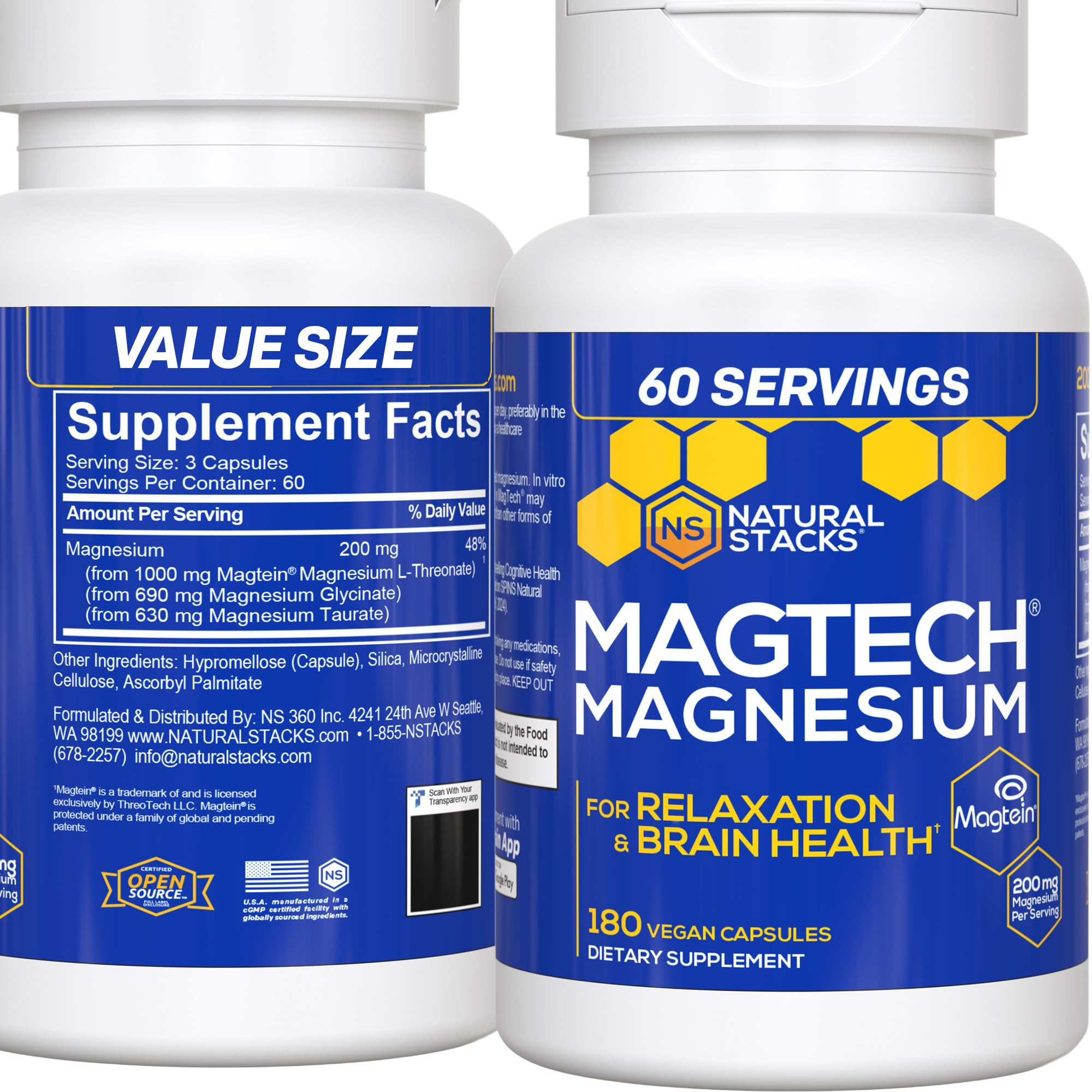 MagTech Magnesium bottle label with 180 capsules