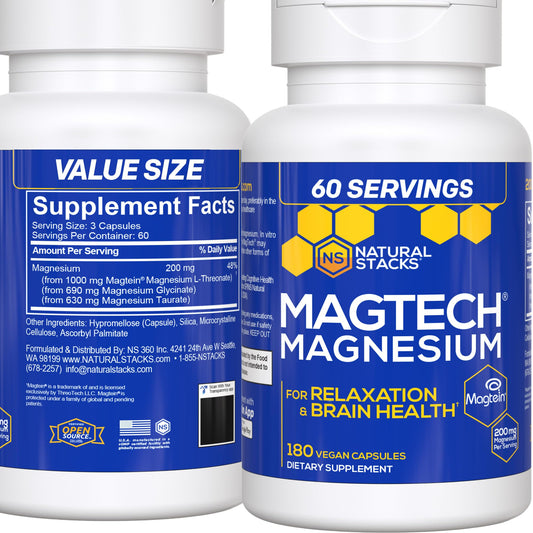 MagTech Magnesium bottle label with 180 capsules