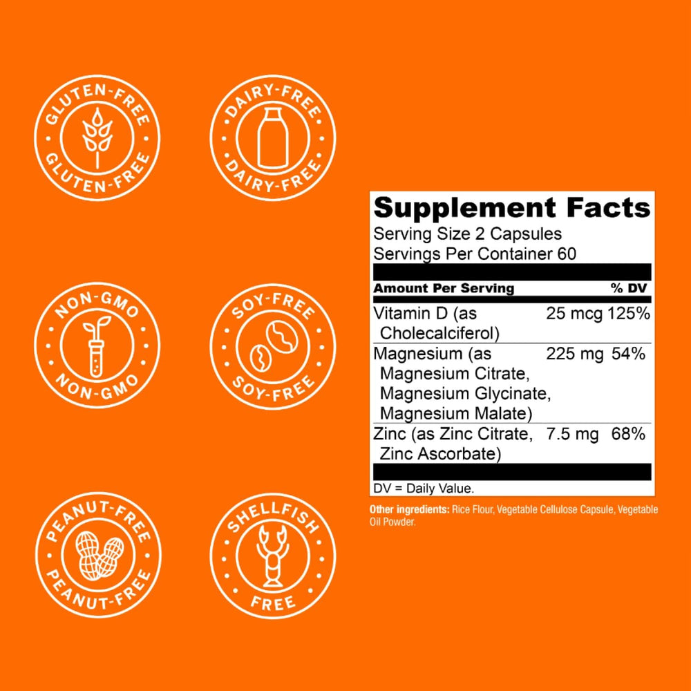 Magwell bottle label detailing magnesium zinc and vitamin D3