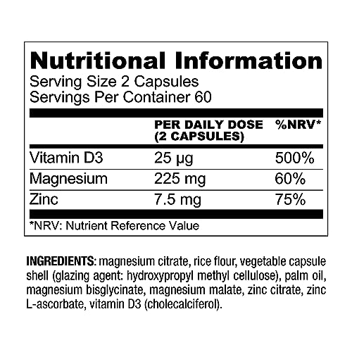 Nutrition facts label highlighting magnesium, zinc and vitamin D3