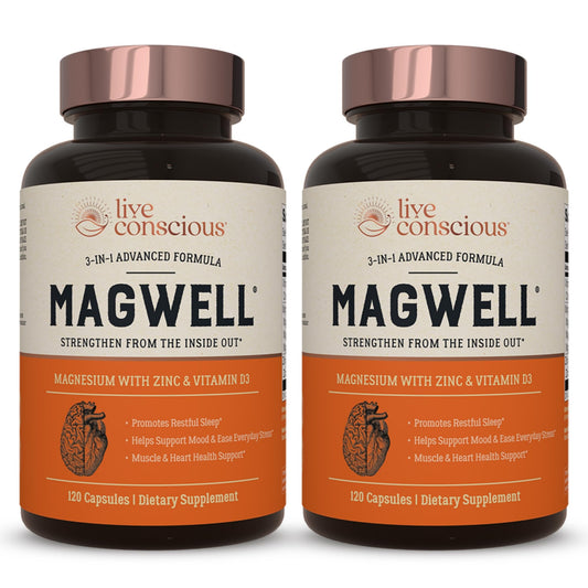 Front view of Live Conscious MagWell Magnesium Zinc and Vitamin D3 bottle