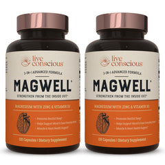Front view of Live Conscious MagWell Magnesium Zinc and Vitamin D3 bottle