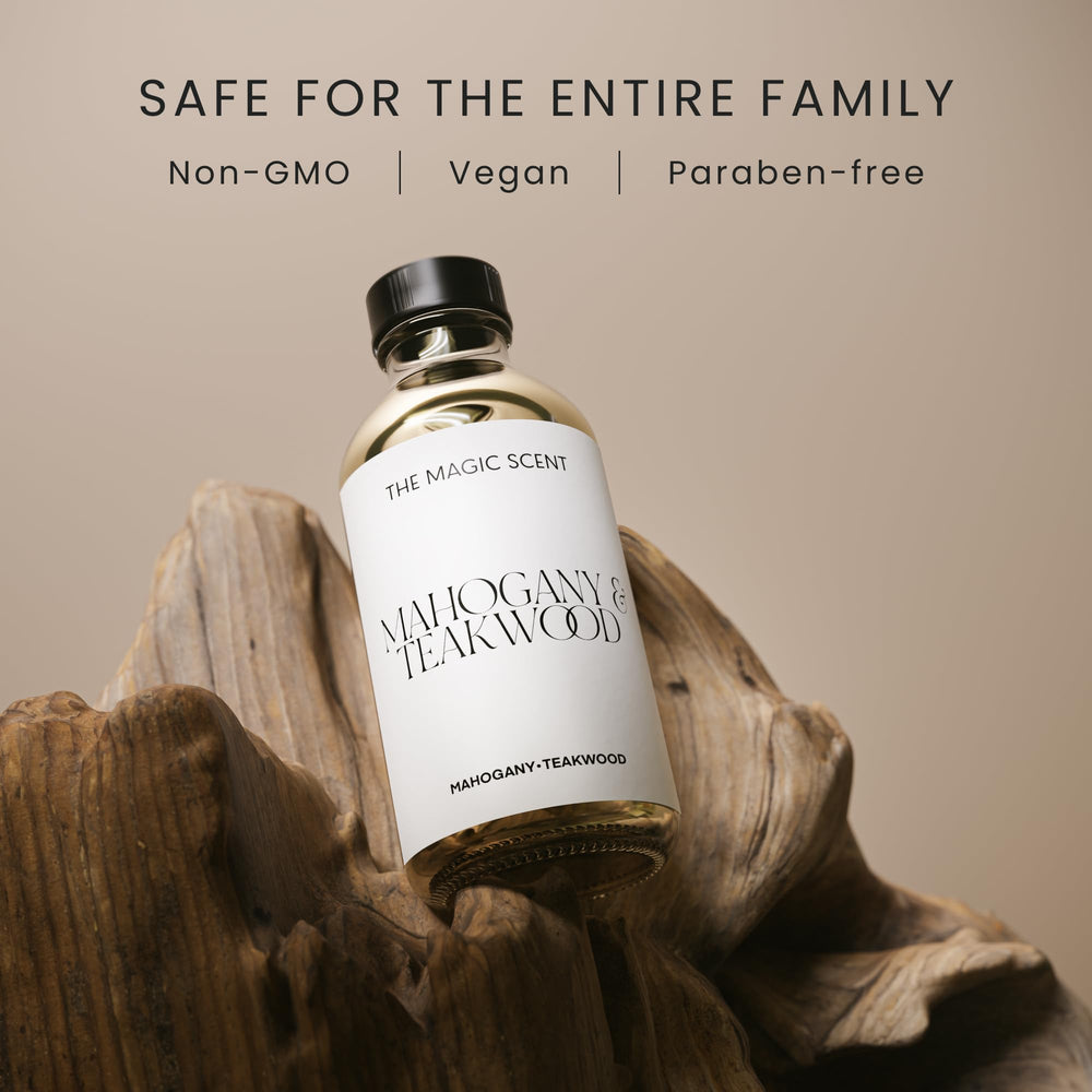 Close-up of Mahogany & Teakwood diffuser oil bottle label