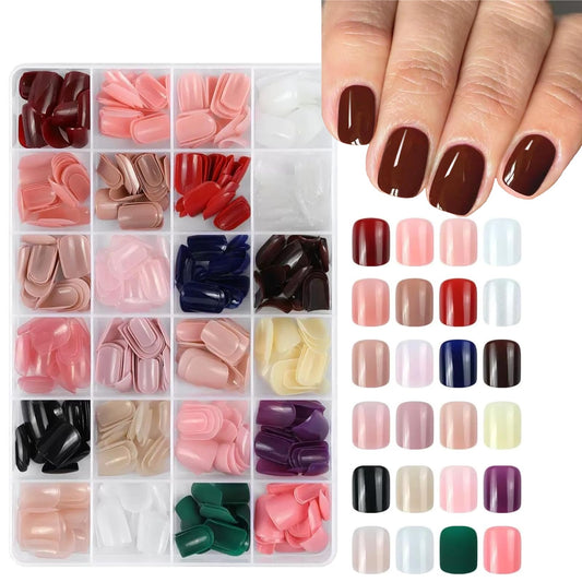 Maigitur 576Pcs short square press-on nails box with varied designs for quick style changes.