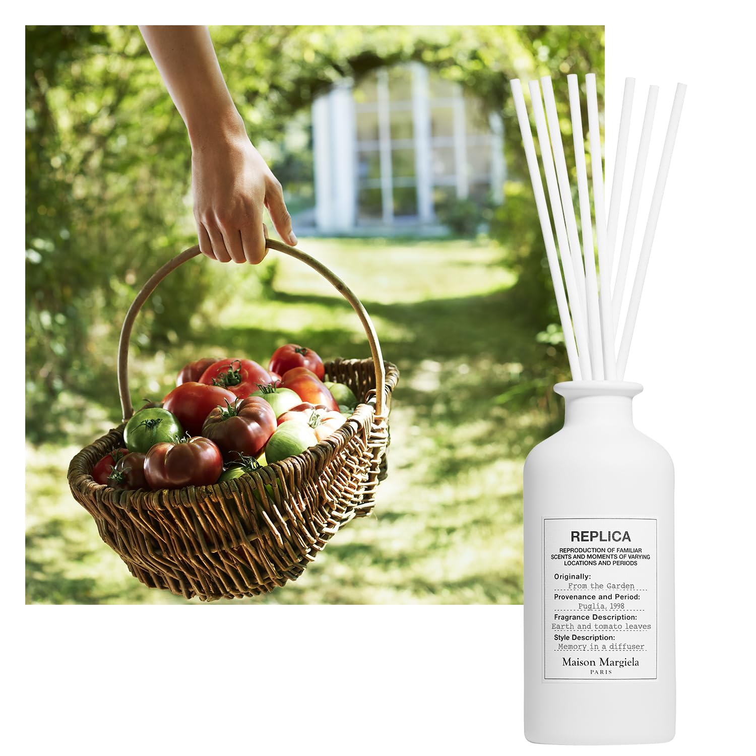Close-up of REPLICA label on the Garden Diffuser bottle
