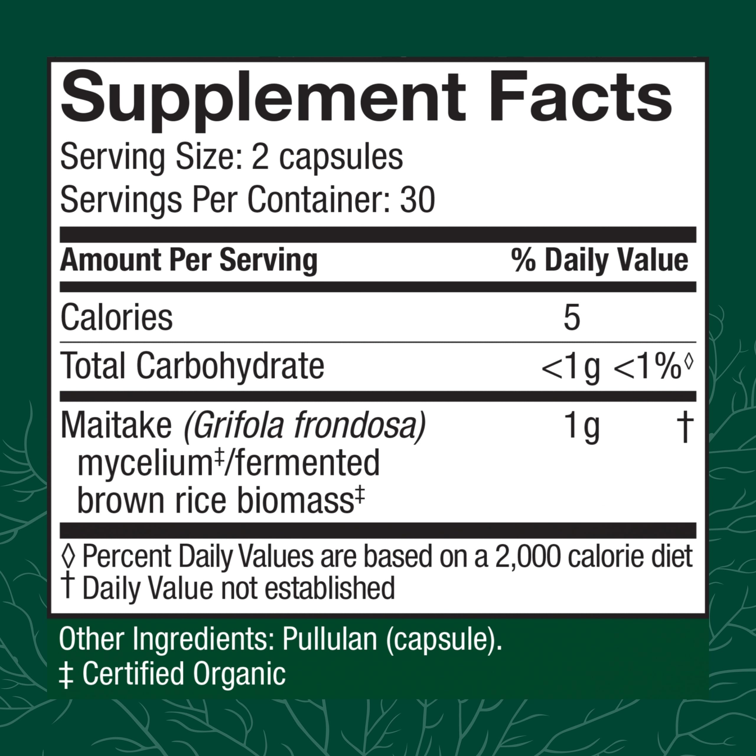 Front label of Maitake Capsules packaging emphasizing immune support.