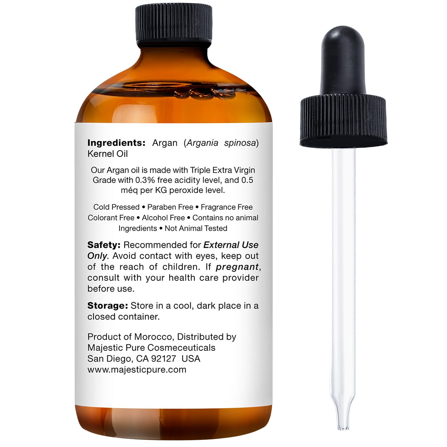 Amber glass bottle of Majestic Pure Argan Oil with dropper