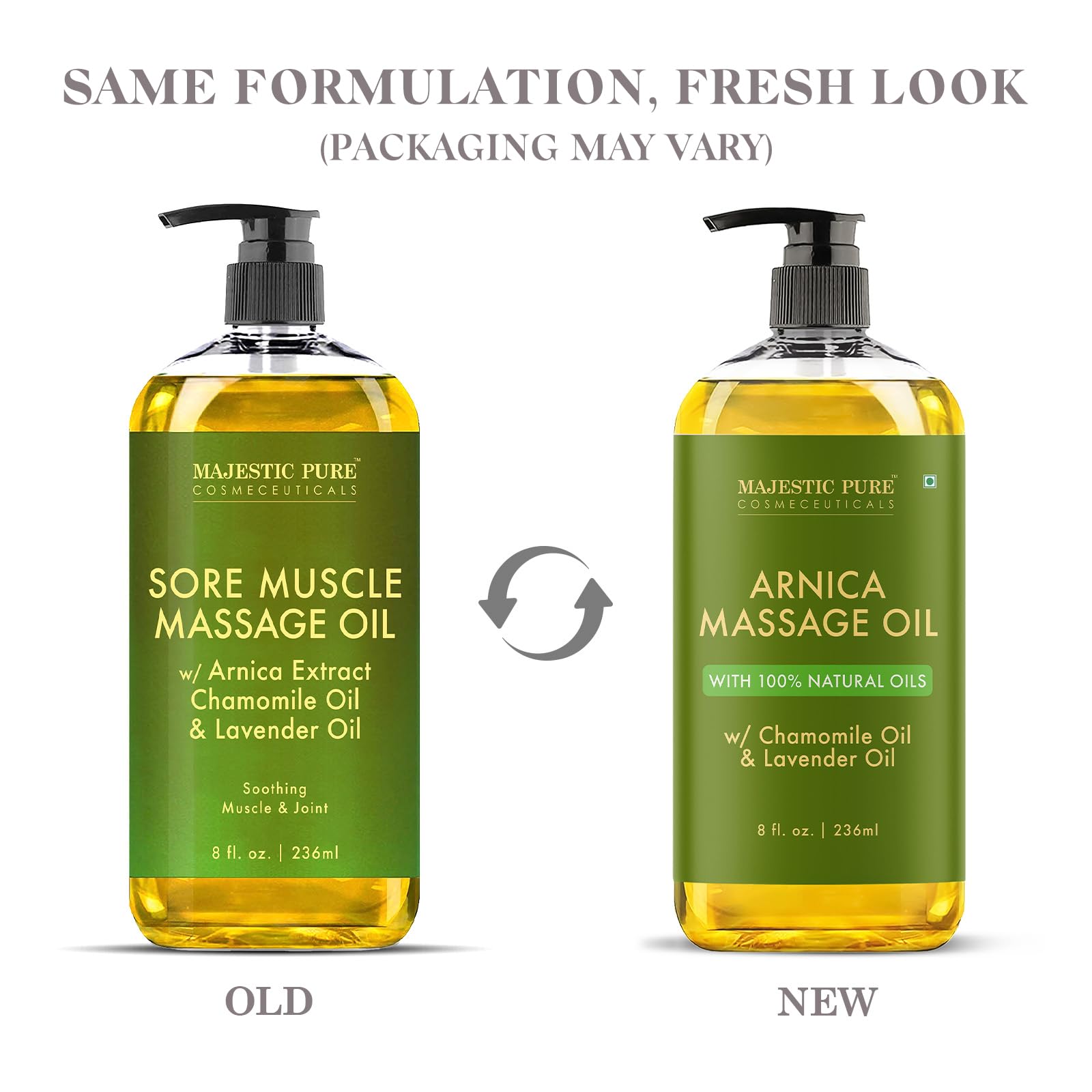 Close-up of Arnica Massage Oil bottle showing 8 oz