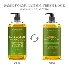 Close-up of Arnica Massage Oil bottle showing 8 oz