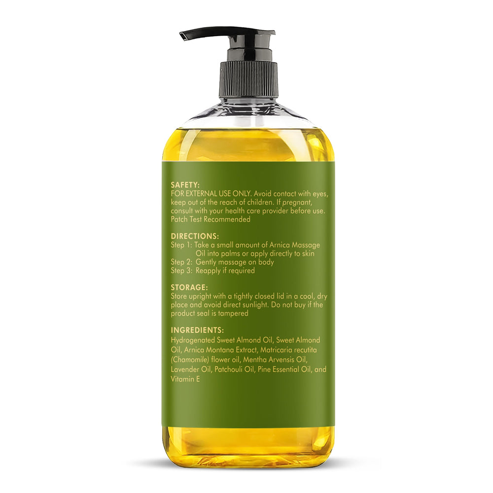 8 oz bottle of Majestic Pure Arnica Massage Oil on display