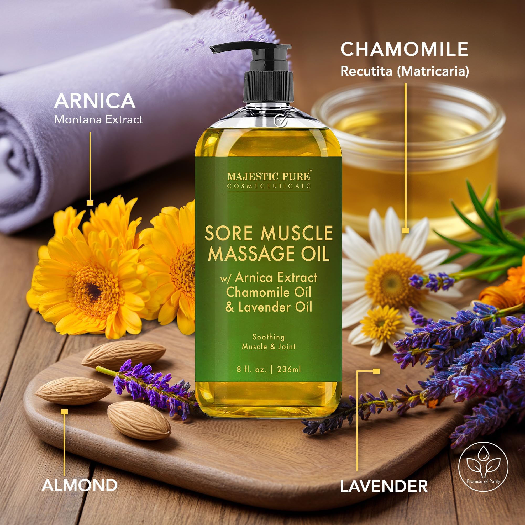 Product label for Majestic Pure Arnica Sore Muscle Massage Oil 8 oz x 2