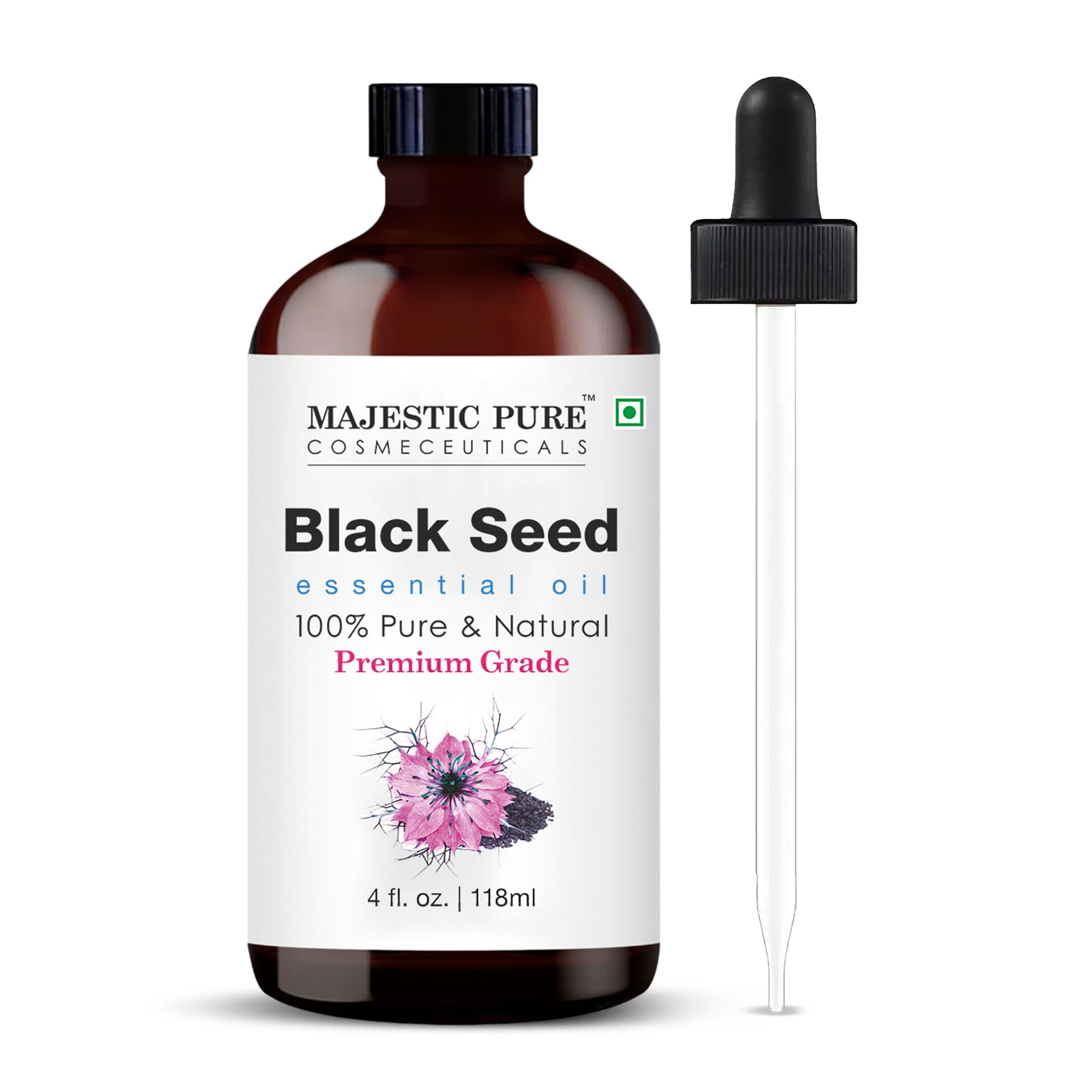 Majestic Pure Black Seed Oil in an amber glass bottle with 4 oz size