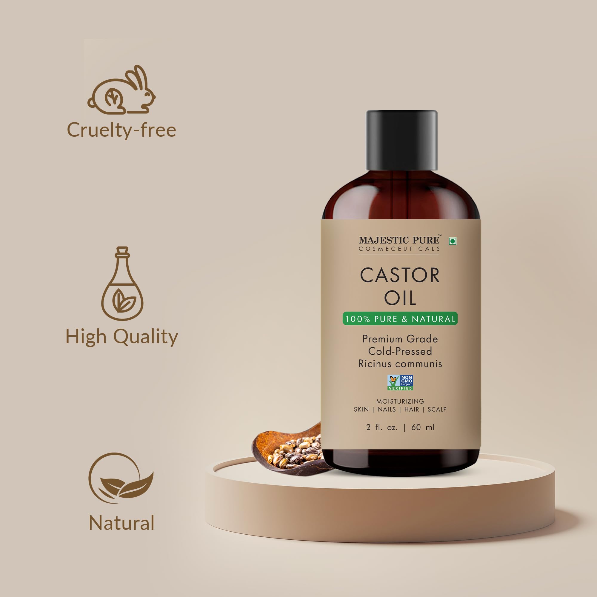 Close-up of 2 fl oz castor oil bottle label