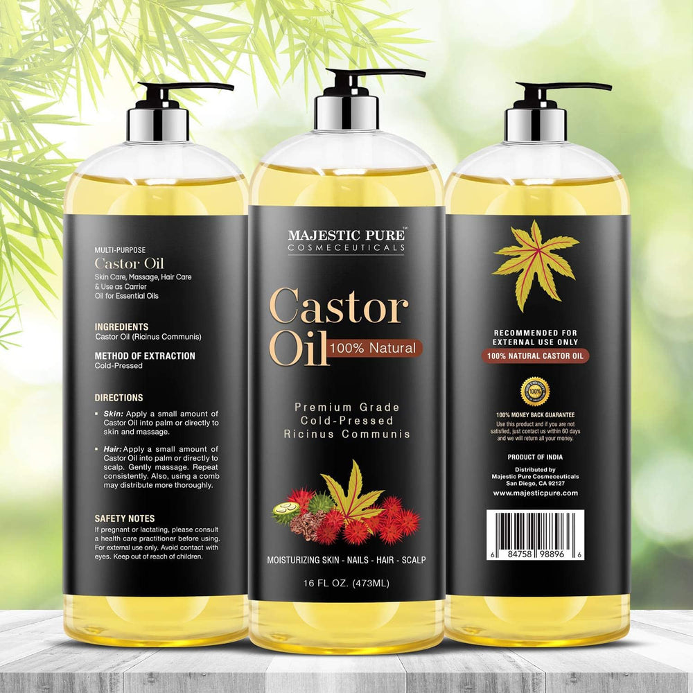 Close-up of Majestic Pure Castor Oil bottle