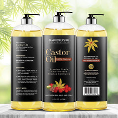 Close-up of Majestic Pure Castor Oil bottle