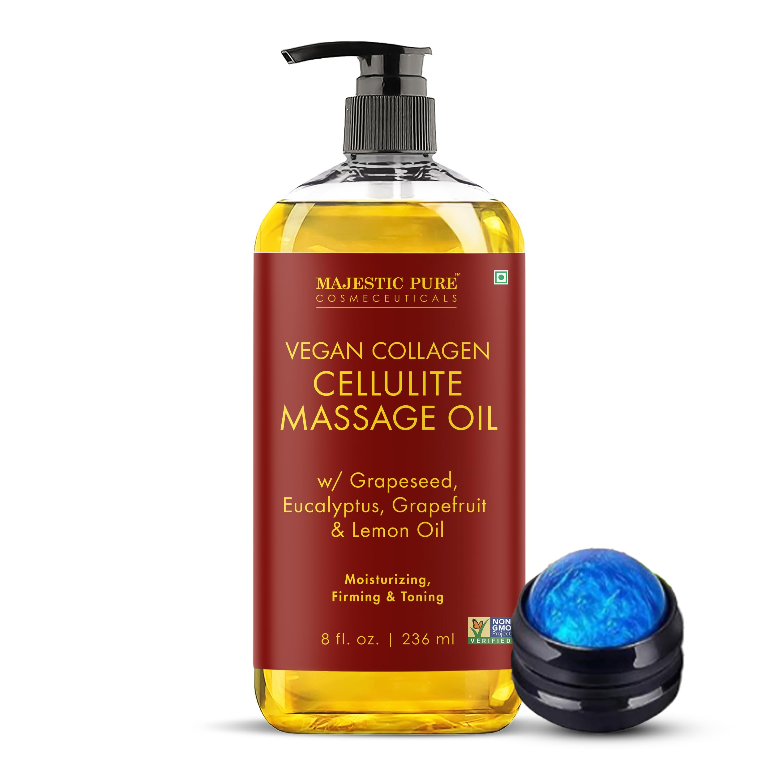 Bottle and roller applicator of Majestic Pure Cellulite Massage Oil, 8 oz