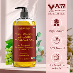 Close-up of the Majestic Pure cellulite oil bottle with textured background