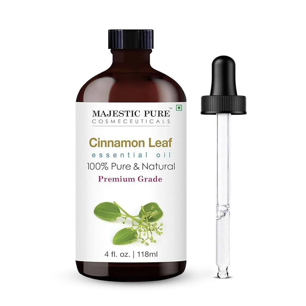 Majestic Pure Cinnamon Essential Oil 4 oz bottle with amber glass and dropper