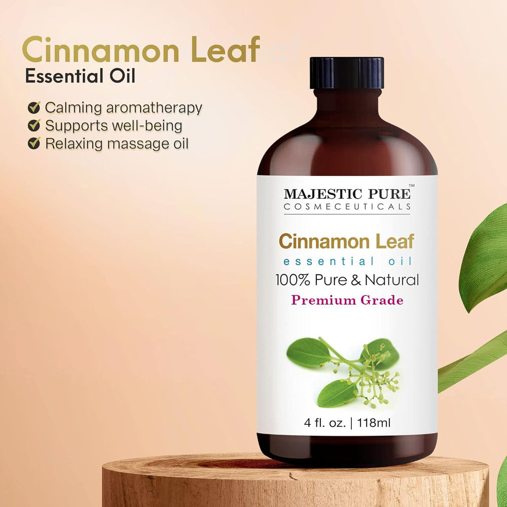 Label close-up on Majestic Pure Cinnamon Oil bottle