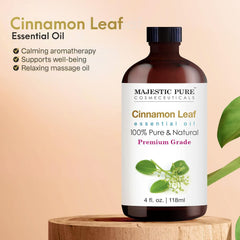 Label close-up on Majestic Pure Cinnamon Oil bottle