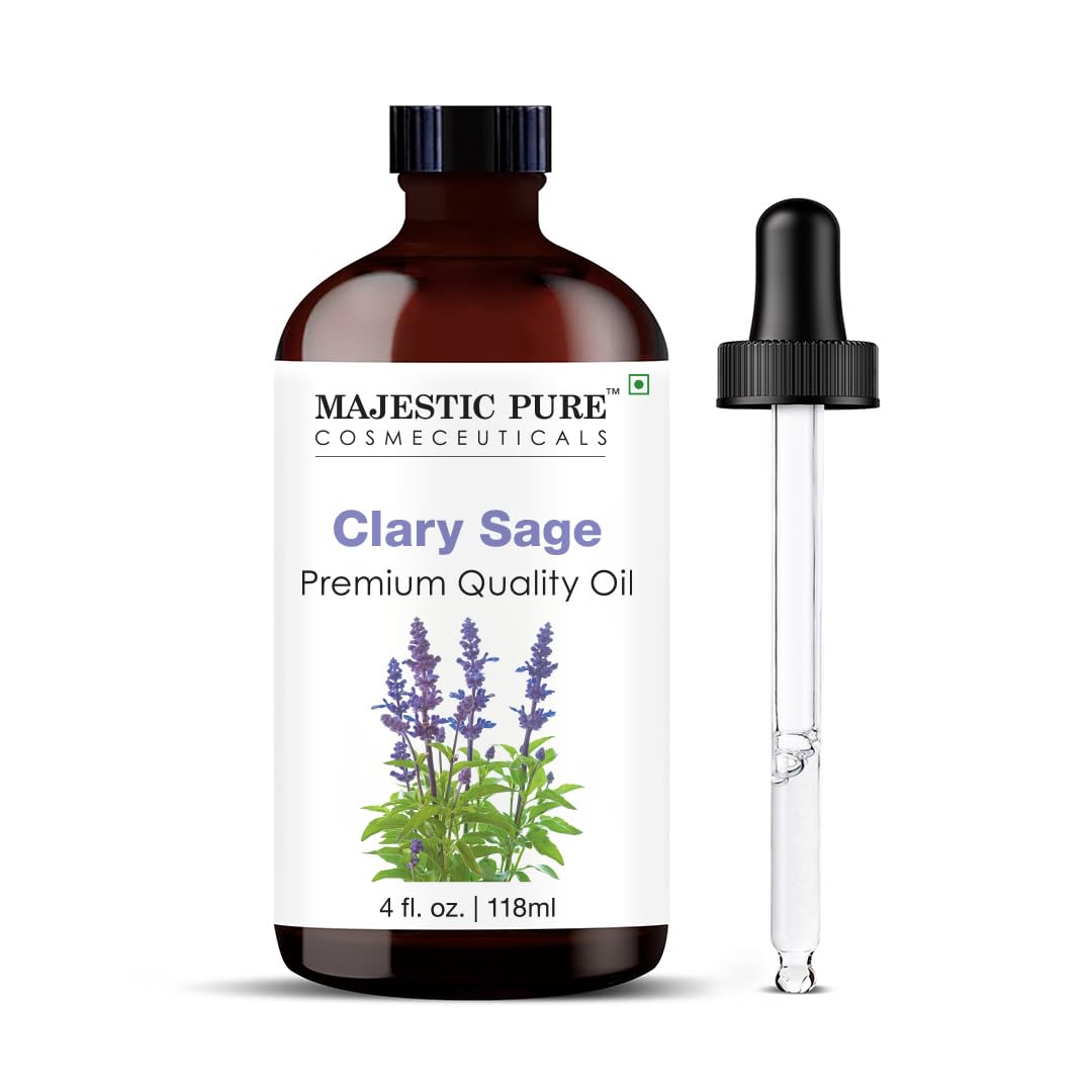 Majestic Pure Clary Sage Essential Oil in amber glass 4 oz bottle with dropper