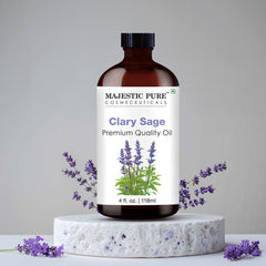 Close-up of Majestic Pure Clary Sage Essential Oil bottle with dropper