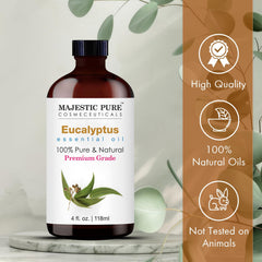 Close-up of Majestic Pure Eucalyptus Oil in amber bottle