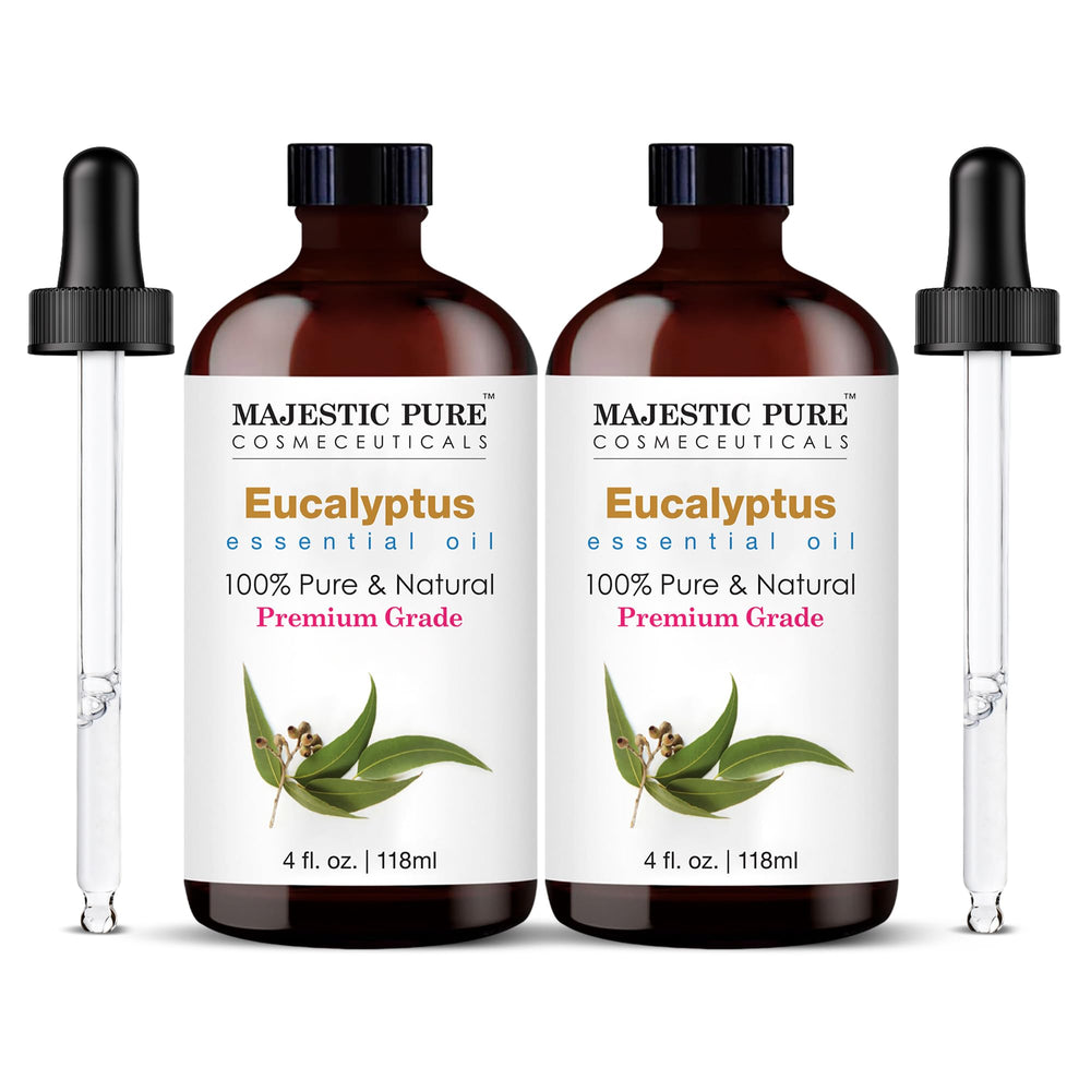 Majestic Pure Eucalyptus Essential Oil in an amber glass bottle with dropper, 4 oz, 2-pack