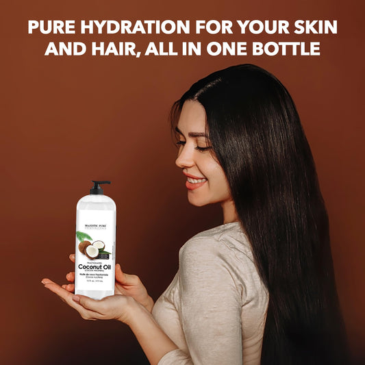 Back view of Majestic Pure Fractionated Coconut Oil 16oz bottle