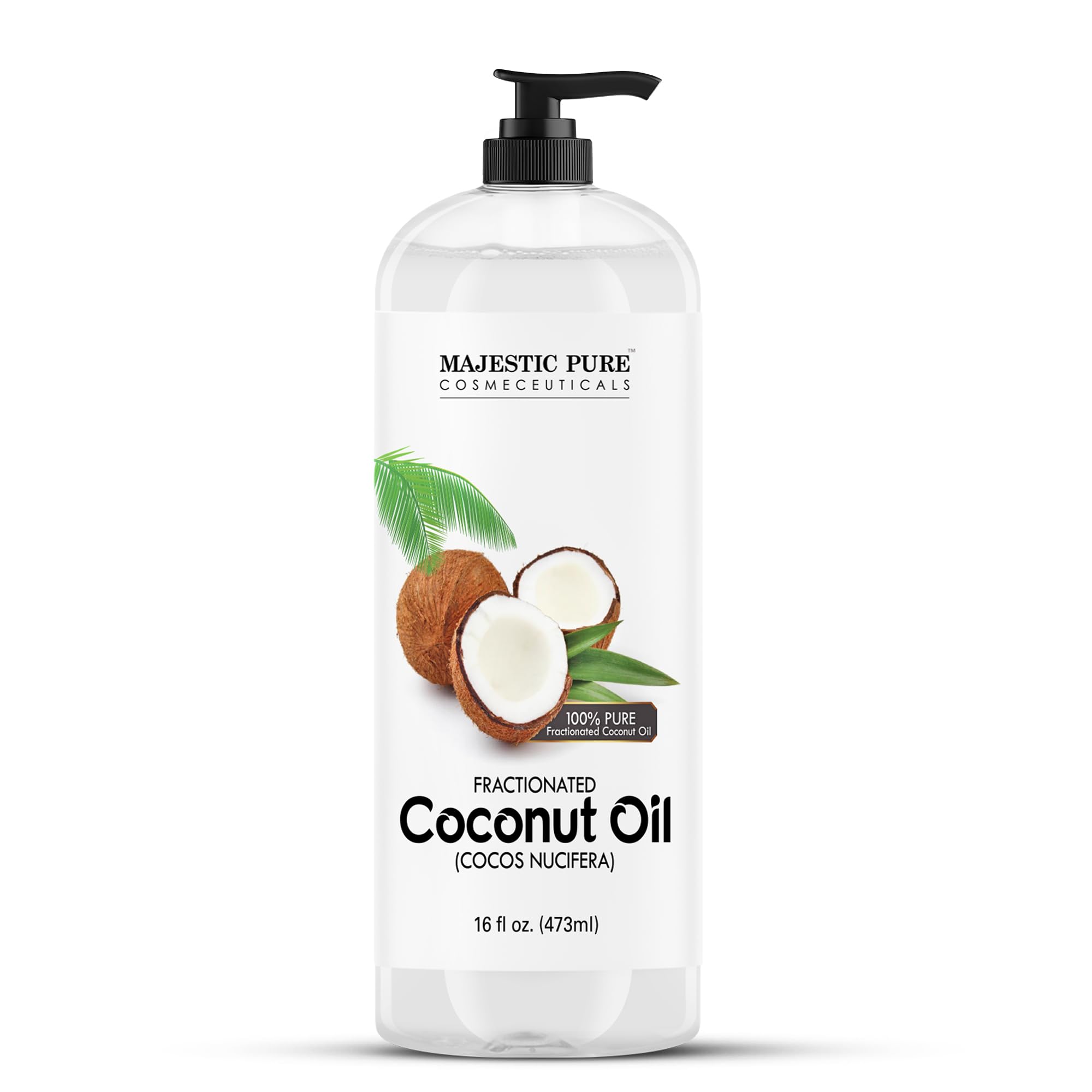 Front view of Majestic Pure Fractionated Coconut Oil 16oz bottle