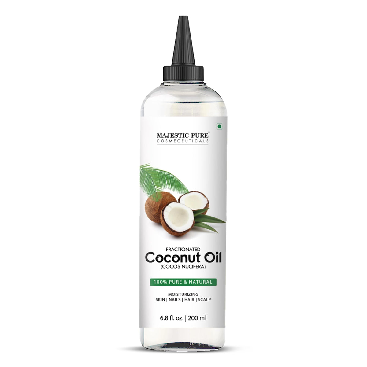 Majestic Pure Fractionated Coconut Oil 6.8 oz bottle close-up