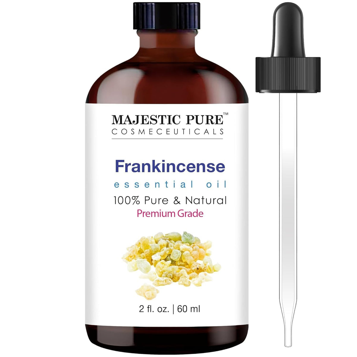 Majestic Pure Frankincense Essential Oil bottle with glass dropper, 2 oz